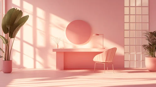 Monochrome pink workspace with planar shadows and foliage.
