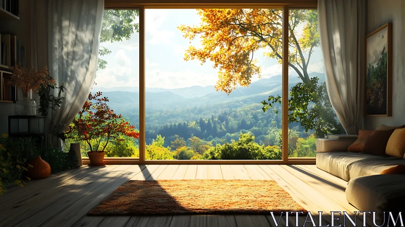 Sunlit living room frames panoramic autumn mountain view