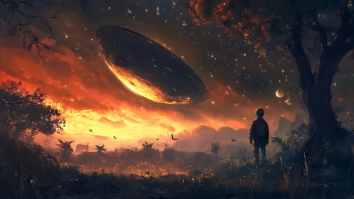 Twilight sky welcomes a child watching a vast alien arrival