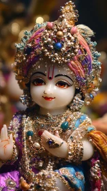 Joyful baby Krishna idol sparkling with colorful jewels.