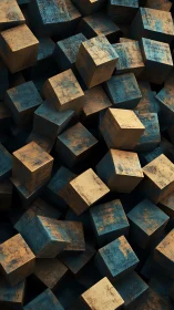 Stacked textured cubes in dense irregular arrangement.
