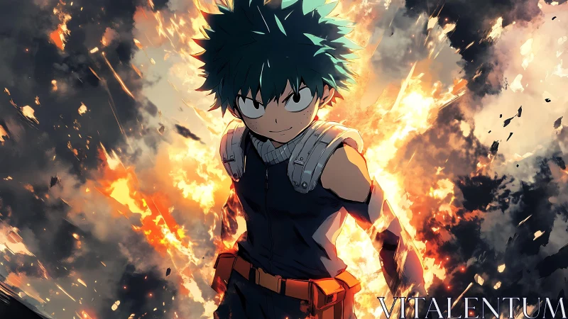 Green-haired young hero walks through roaring firestorm.