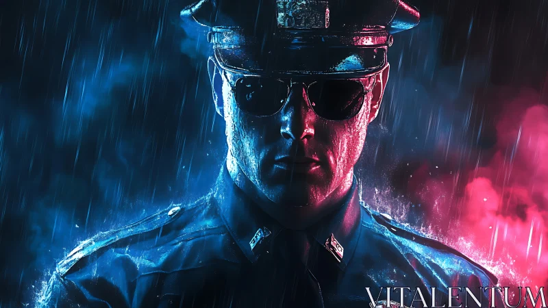 Police officer portrait in split blue and red lighting.