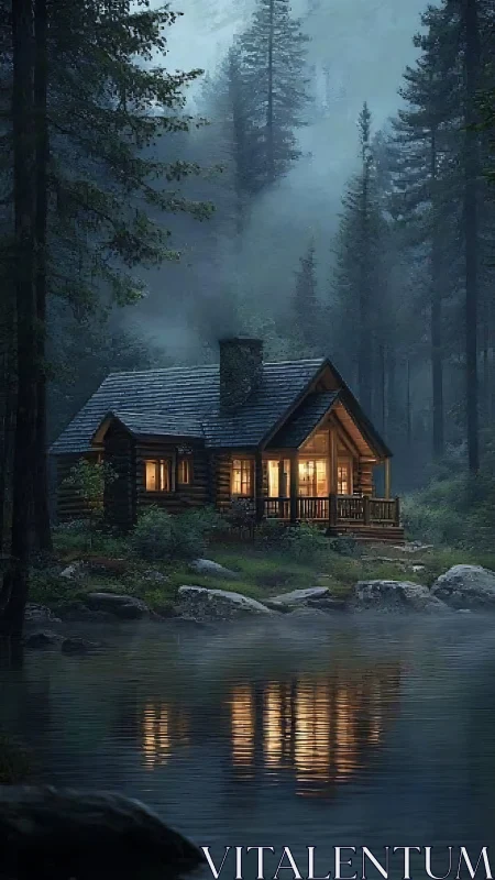 Lakeside log cabin glows through misty blue conifer forest.