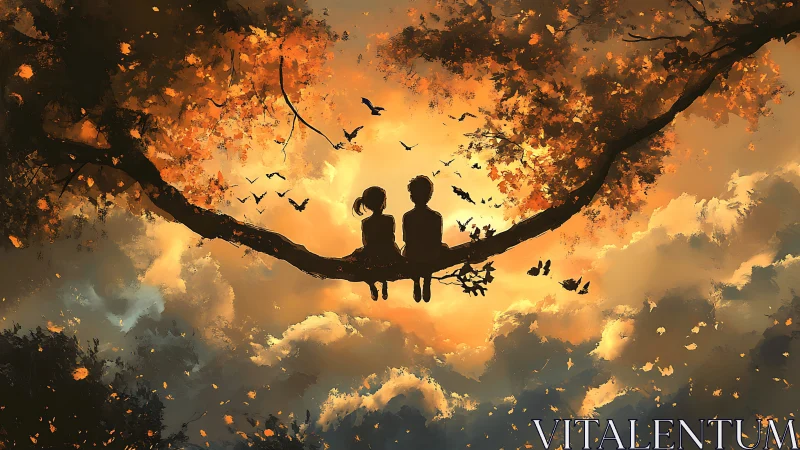 Two figures silhouetted on tree branch beneath golden sky.