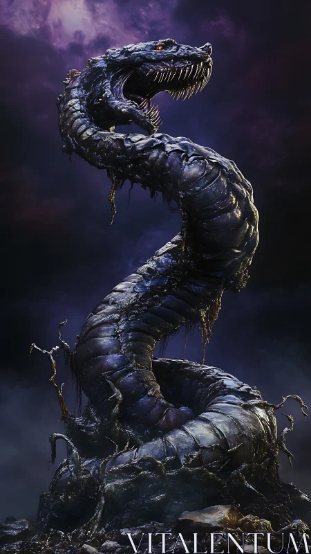 Gigantic twisted serpent rising from dark corrupted ground.