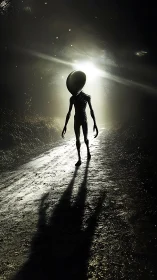 Mysterious visitor strolling toward a glowing forest light.