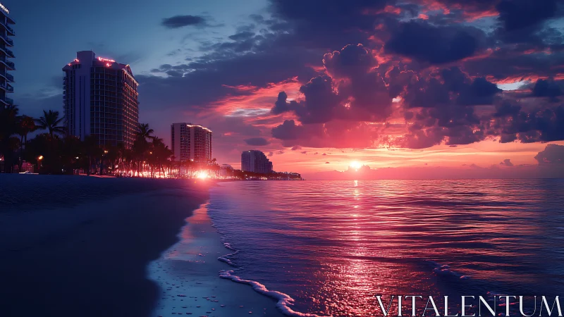 Neon-illuminated coastal skyline under magenta spectral sunset.