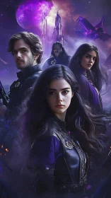 Galactic resistance squad in violet nebula-lit starfield