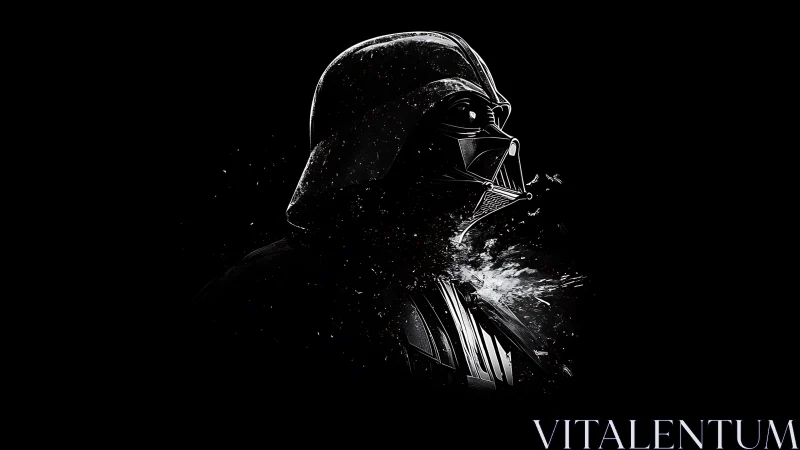 Dark sci fi helmet portrait on splintered black field.