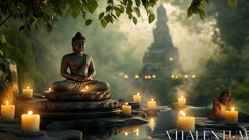 Serene Buddha statue glows amid candles in misty forest.