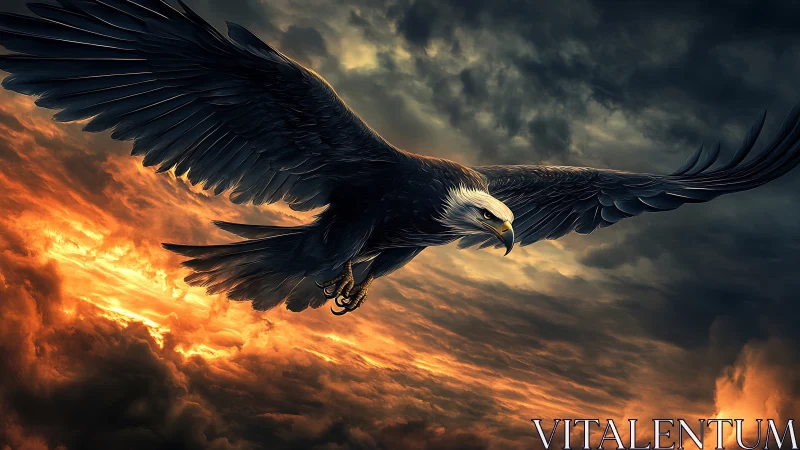 Majestic Bald Eagle Soaring Over Dramatic Sunset Sky, Digital Art.