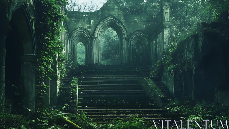 Vine crowned stone stairway into a mist veiled forest ruin.