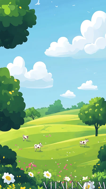 Idyllic stylized pasture landscape with cows under cumulus sky