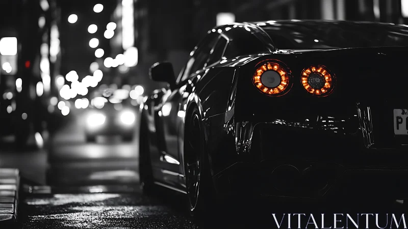Rear performance coupe in nocturnal urban bokeh environment.