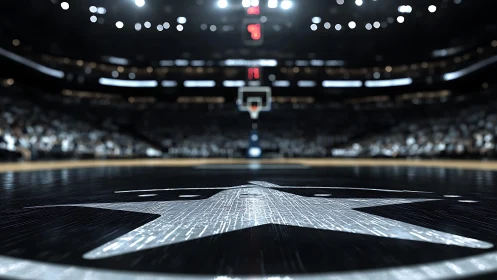 Low-angle black hardwood court with central star emblem