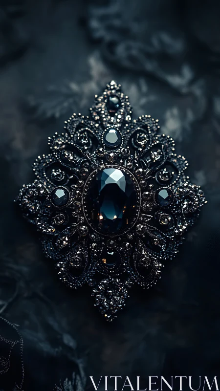 Ornate dark gemstone brooch on textured dark fabric background.