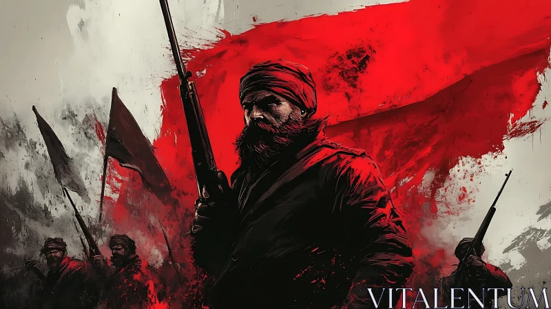 Bearded militant stands before red flag in stylized battle scene