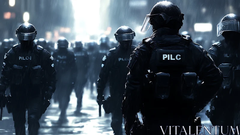 Riot police line advancing through rain-soaked neon streets.