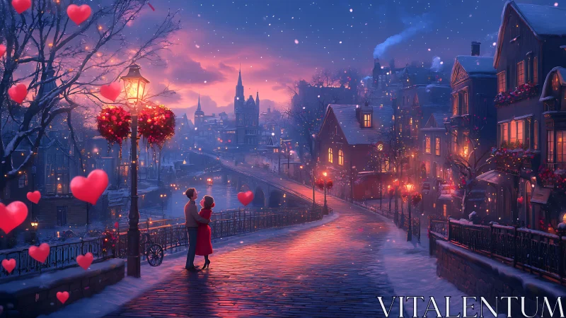 Romantic Winter Cityscape: Couple Under Snow-Covered Sky