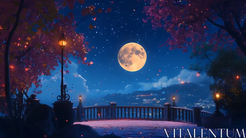 Moonlit terrace with autumn trees and distant town lights.
