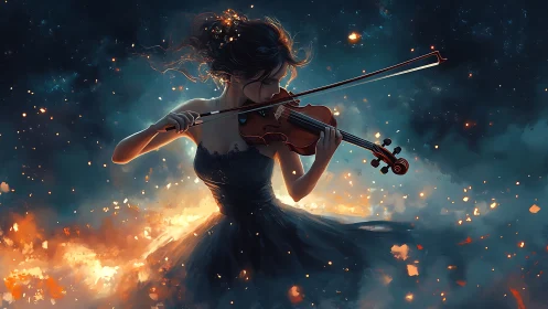 Fiery night sky surrounds focused woman playing violin.