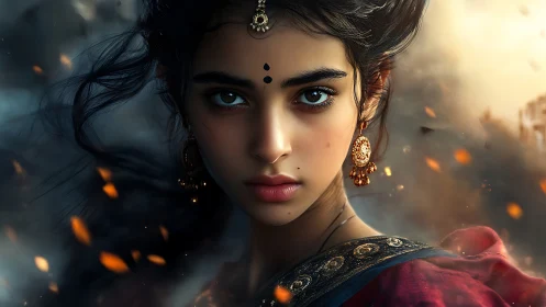 Digital portrait of intense girl amid swirling embers.