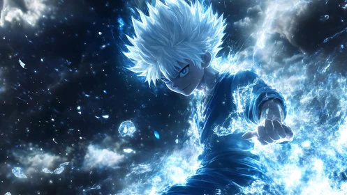 White-haired anime warrior channels cosmic blue energy.
