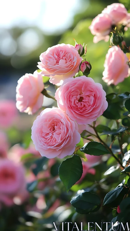 Pink Garden Roses in Sunlit Bokeh Environment. Botanical Study.