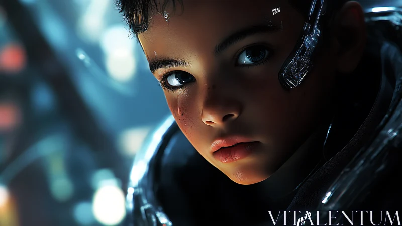 Cyberpunk child portrait with bioluminescent facial augmentations.