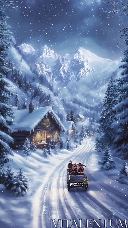 Snow-covered mountain village road with winter sleigh ride.