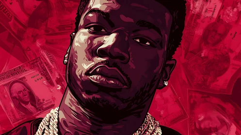Hip-hop portrait stands bold against red money collage.