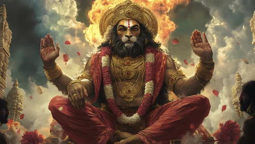 Lion-headed deity figure sits in ornate golden temple scene