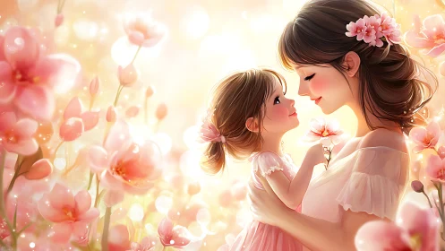 Mother and Daughter Embrace Among Luminous Pink Floral Garden
