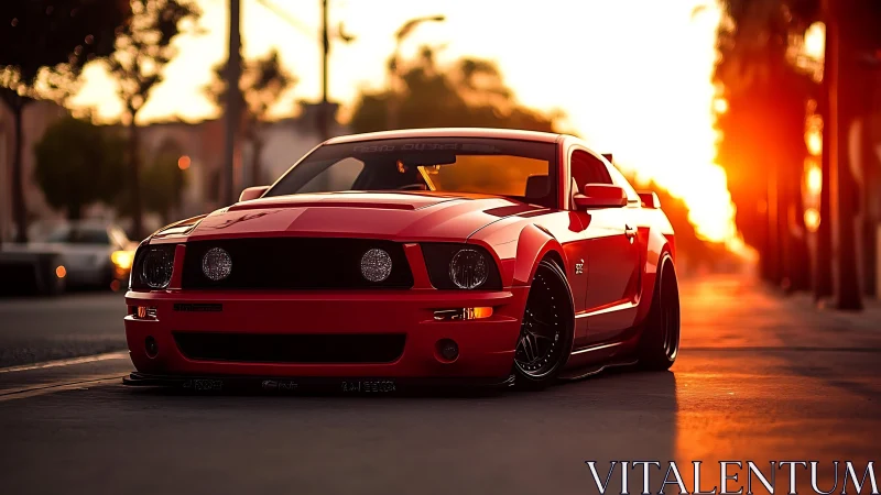 Lowered red muscle car rendered in cinematic sunset bokeh