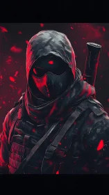 Hooded tactical assassin in red-lit digital artwork.