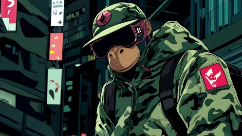 Streetwise simian stalks neon canyons in urban camo armor