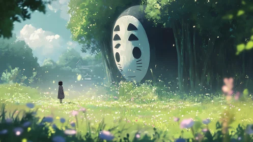 Child observing giant mask-like spirit in forest clearing.