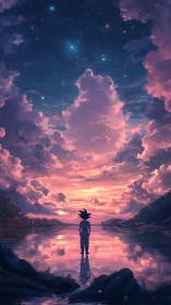 Anime hero gazes over pastel sunset sky and mirrored lake