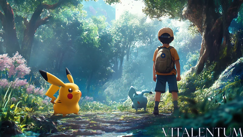 Boy with Pikachu and friend walking forest path adventure