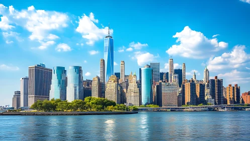 Manhattan waterfront skyline under bright summer sky.