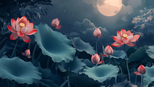 Lotus flowers and broad leaves under full moonlight sky.