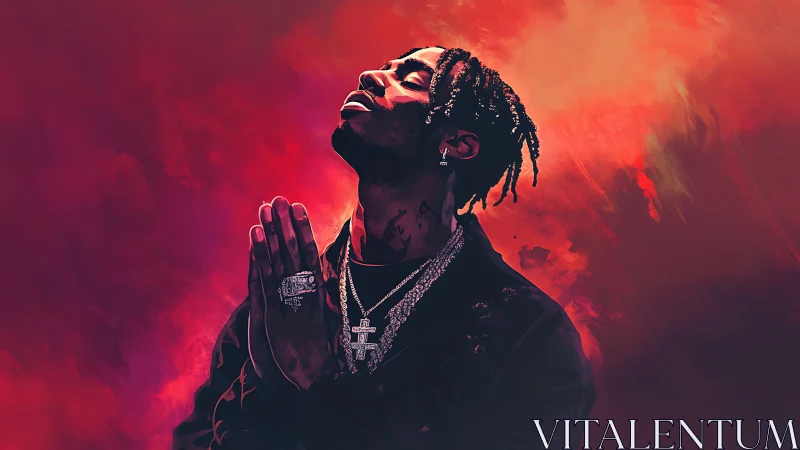 Soulful hip hop portrait glows against a bold crimson sky