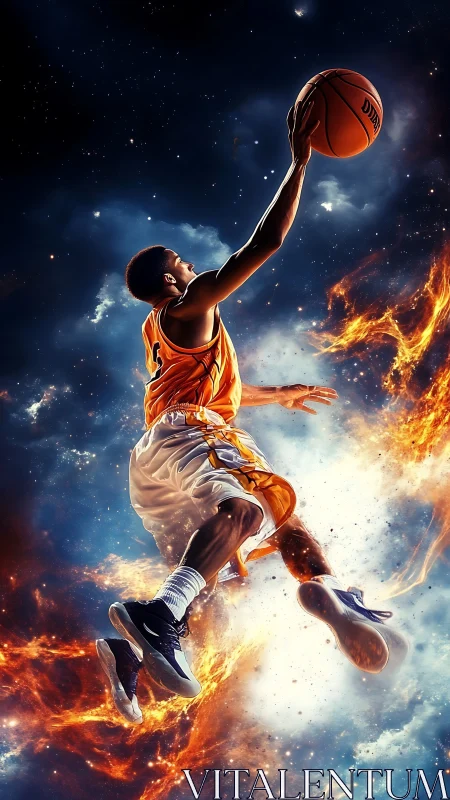 Basketball player leaping in cosmic, fiery space scene.