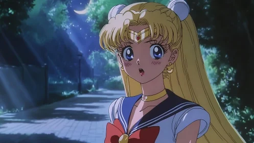 Moonlit schoolgirl warrior pauses beneath a whispering sky.