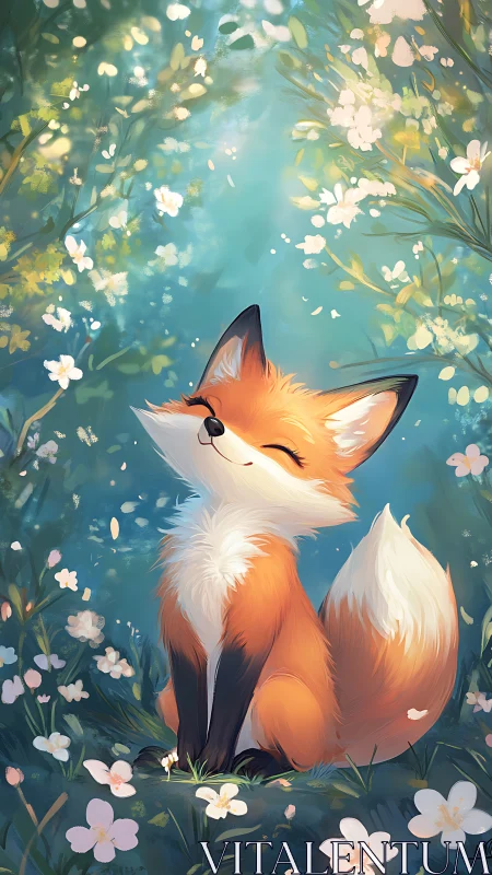 Sunlit fox enjoying a soft, blossom-bright forest day.