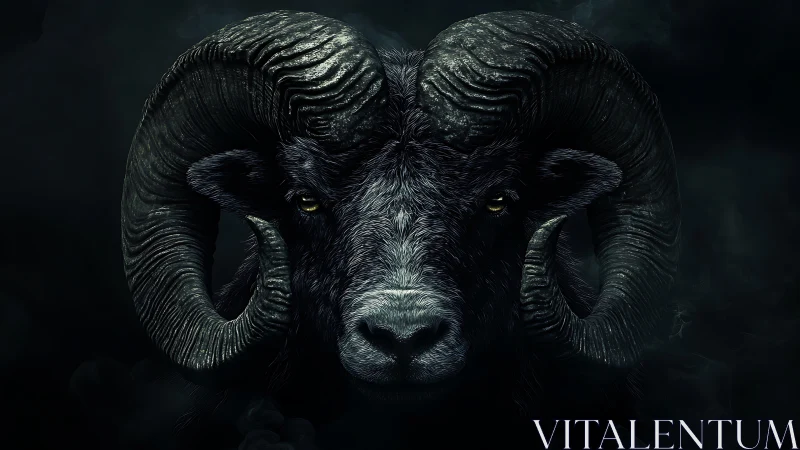 Hyperreal ram portrait isolates sculptural horn curvature in shadow