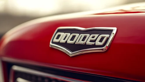 Chrome automotive emblem on glossy red hood in shallow focus