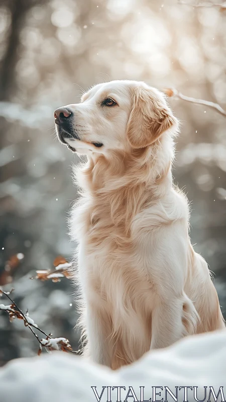 Winter sunlight crowns a golden dog in quiet forest hush
