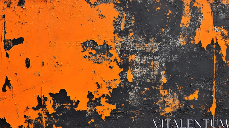 Abstract grunge wall with peeling orange and black paint texture.